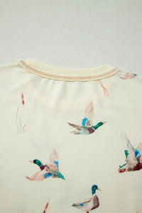 Beige Mallard Duck Print Oversized Tee Drawstring Short Set
