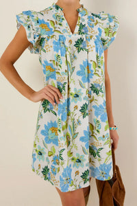 Women's Floral Cotton-Blend Shift Dress with Ruffle Sleeves