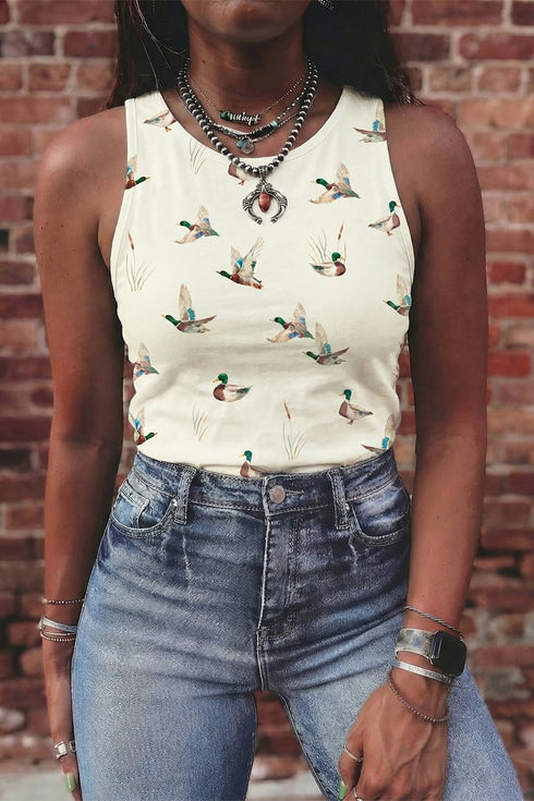 Women's Casual Beige Mallard Print Western Tank Top - Trendy Summer Style with Relaxed Fit for Effortless Chic