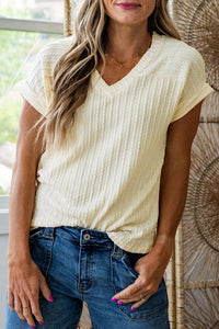 Women's Textured V-Neck Knit Tee in Buttercream Beige