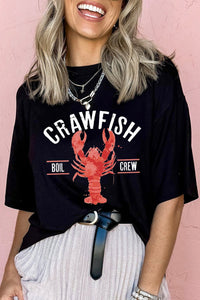 Women's Casual Black Distressed Graphic T-Shirt with Crawfish Boil Design – Perfect Summer Style for Fun Gatherings