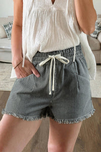 Women's Casual Black Stripe Denim Shorts with Elastic Waist and Raw Edge - Perfect for Summer Comfort and Style