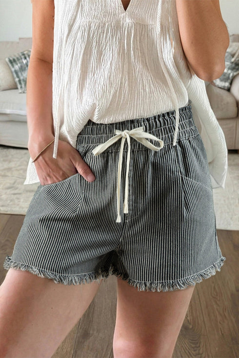 Women's Casual Black Stripe Denim Shorts with Elastic Waist and Raw Edge - Perfect for Summer Comfort and Style