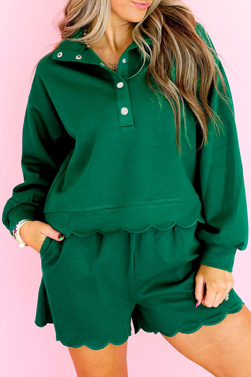 Women's Scalloped Forest Green Pullover and Shorts Lounge Set
