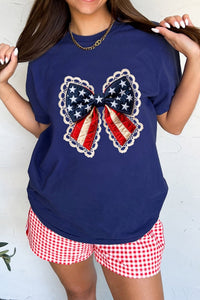 Women's Casual Blue Patriotic Bow Graphic Tee with Faux Patchwork Design - Everyday Comfort Top for Effortless Style