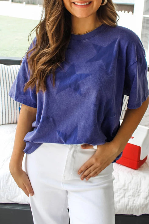 Women's Casual Blue Star Print Mineral Wash T-Shirt - Stylish Summer Top for Independence Day Celebrations