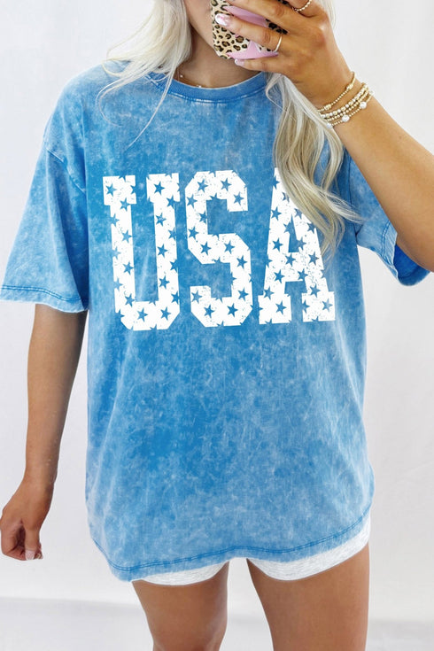 Women's Casual Blue Star Print Mineral Washed Tee - Soft Cotton, Relaxed Fit, Ideal for Everyday USA-Inspired Style