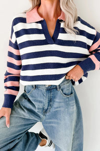 
Women's Casual Blue Stripe Color Block Knit Sweater with Drop Shoulder and Polo Collar Trendy Relaxed Fit