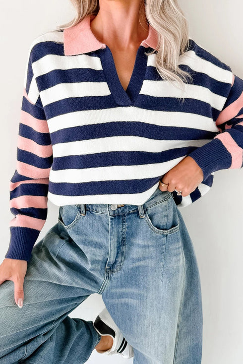 Women's Casual Blue Stripe Color Block Knit Sweater with Drop Shoulder and Polo Collar Trendy Relaxed Fit