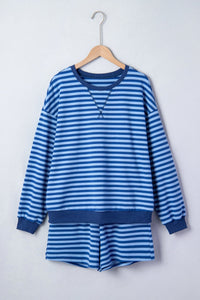Blue Stripe Drop Shoulder Long Sleeve Pullover Elastic Waist Casual Short Set