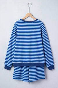 Blue Stripe Drop Shoulder Long Sleeve Pullover Elastic Waist Casual Short Set