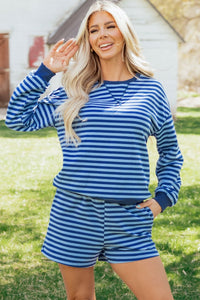 Women's Casual Blue Stripe Short Set - Long Sleeve Drop Shoulder Top with Comfortable Elastic Waist for Effortless Style