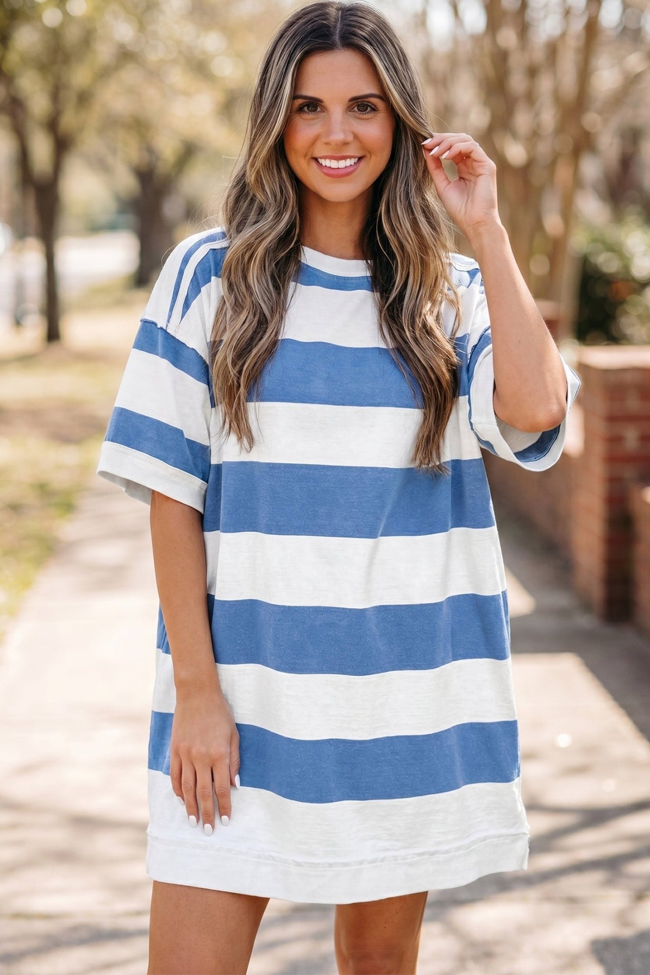 Women's Casual Blue Stripe Tee Dress with Raw Seam and Shoulder Details for Effortless Style and All-Day Comfort
