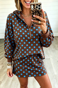$14.72 Brown Polka Dot Hooded Long Sleeve Top Casual Mini Skort Set Wholesale