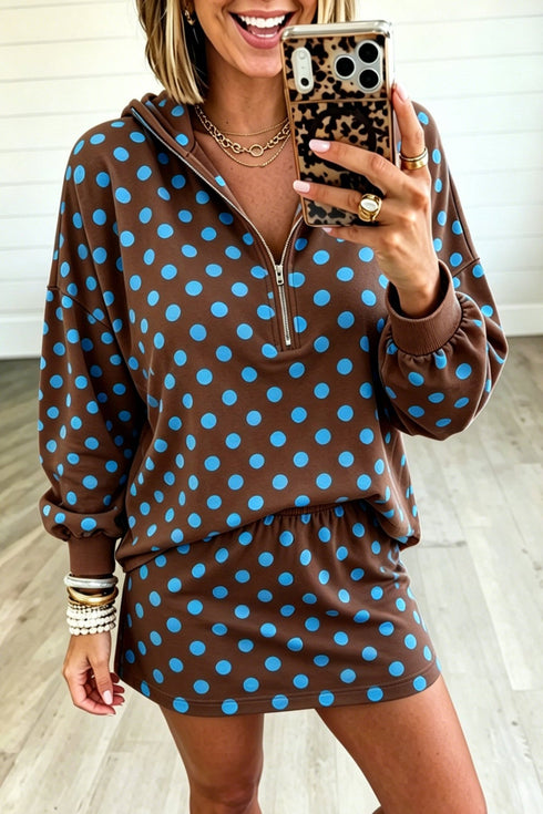 $14.72 Brown Polka Dot Hooded Long Sleeve Top Casual Mini Skort Set Wholesale