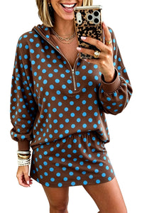 $14.72 Brown Polka Dot Hooded Long Sleeve Top Casual Mini Skort Set Wholesale