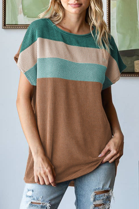 Women's Casual Chestnut Color Block Twisted Rib Tee - Loose Fit Top with Unique Detail for Effortless Style