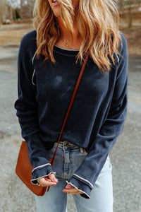 
Women's Casual Chic Blue Textured Long Sleeve Top with Round Neck - Versatile Style for All Seasons