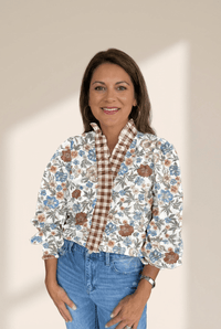 
women's casual chic brown floral print long sleeve blouse with plaid trim - stylish v-neck top for effortless style made for easy styling and wardrobe