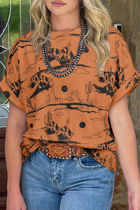 Women's Chestnut Desert Landscape Print Short Sleeve Knit Top