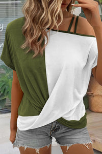 Women's Casual Chic Fern Green Asymmetric Color Block Top with Twist Detail - Loose Fit for Effortless Style
