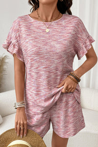 Women's Light Pink Melange Ruffle Sleeve Top and Shorts Set with practical styling and dependable silhouette control.