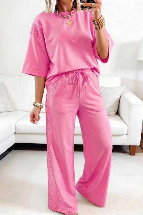 Women's Casual Chic Pink Lace Patchwork Half Sleeve Top & Elastic Waist Pants Two-Piece Set for Effortless Style