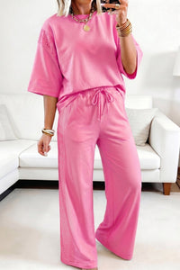 Women's Casual Chic Pink Lace Patchwork Half Sleeve Top & Elastic Waist Pants Two-Piece Set for Effortless Style