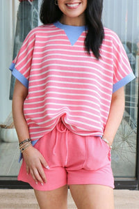 
Women's Casual Chic Pink Stripe Short Sleeve Top with Contrast Trim - Relaxed Fit for Effortless Style
