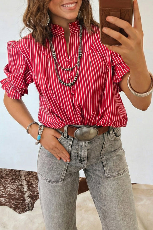Women's Casual Chic Red Striped Ruffled Puff Sleeve Blouse with Button Front - Trendy Short Top for Effortless Style