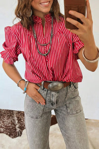 Women's Casual Chic Red Striped Ruffled Puff Sleeve Blouse with Button Front - Trendy Short Top for Effortless Style