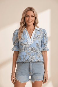 Women's Casual Chic Sky Blue Floral Striped Polo Blouse - Short Sleeve Summer Top for Effortless Style