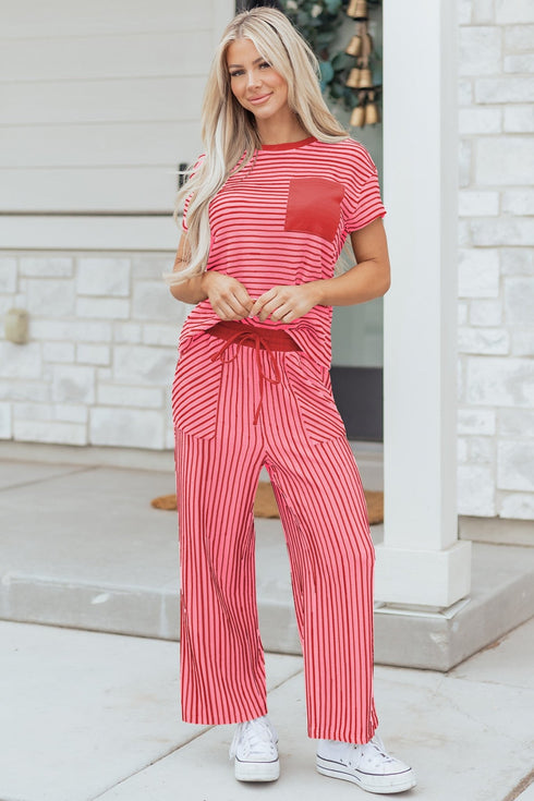 women's casual chic summer outfit: rose stripe crew neck tee and drawstring waist cropped pants set with practical styling and dependable silhouette