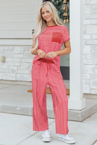 women's casual chic summer outfit: rose stripe crew neck tee and drawstring waist cropped pants set with practical styling and dependable silhouette