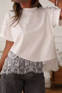 Women's Casual Chic White Asymmetric Lace Hem Tee – Trendy Patchwork Top for Effortless Everyday Style