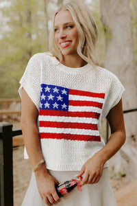 White Flag Graphic Short Sleeve Sweater Top