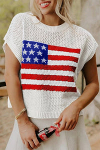 Women's Casual Chic White Flag Graphic Short Sleeve Sweater - Relaxed Fit Top for Effortless Summer Style