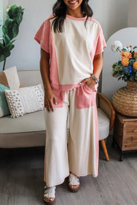 women's casual chic white two-tone color block tee and drawstring loose pants set for effortless comfort with practical styling and dependable