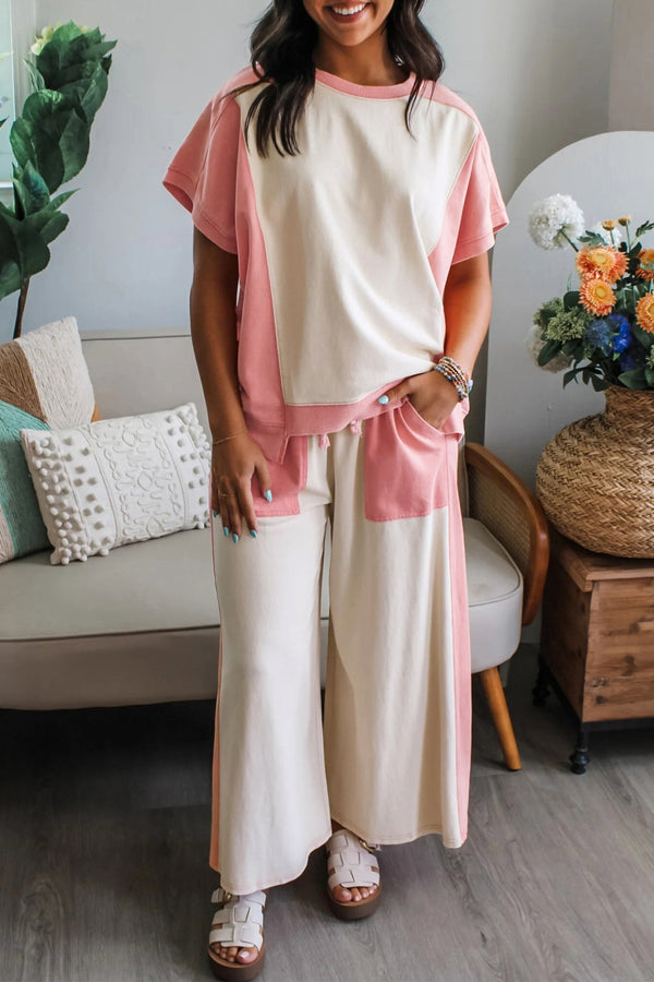 women's casual chic white two-tone color block tee and drawstring loose pants set for effortless comfort with practical styling and dependable