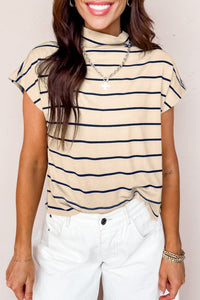 Women's Casual Chic Women's Khaki Stripe Mock Neck Short Sleeve Top - Comfortable Loose Fit for Everyday Style