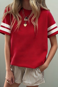 Women's Casual Fiery Red Varsity Stripe Short Sleeve Tee - Comfortable Crew Neck Top for Effortless Everyday Style