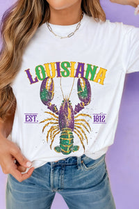 White LOUISIANA Mardi Gras Crayfish Printed Casual T Shirt