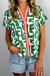 Women's Casual Green Abstract Print V-Neck Blouse with Striped Trim - Short Sleeve Top for Effortless Everyday Style