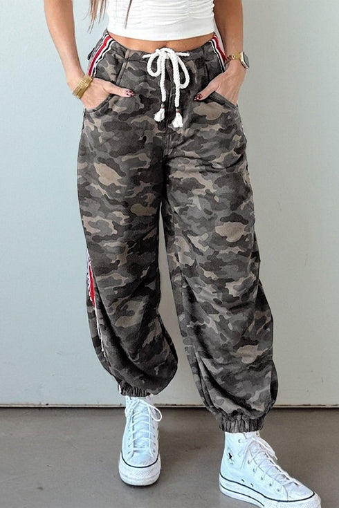 Women's Casual Green Camouflage Striped Drawstring Pants - Comfortable Everyday Fit with Side Panels