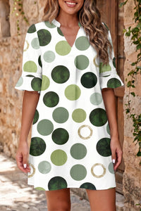 Women's Casual Green Polka Dot Mini Dress with Flounced Half Sleeves for Effortless Vacation Style