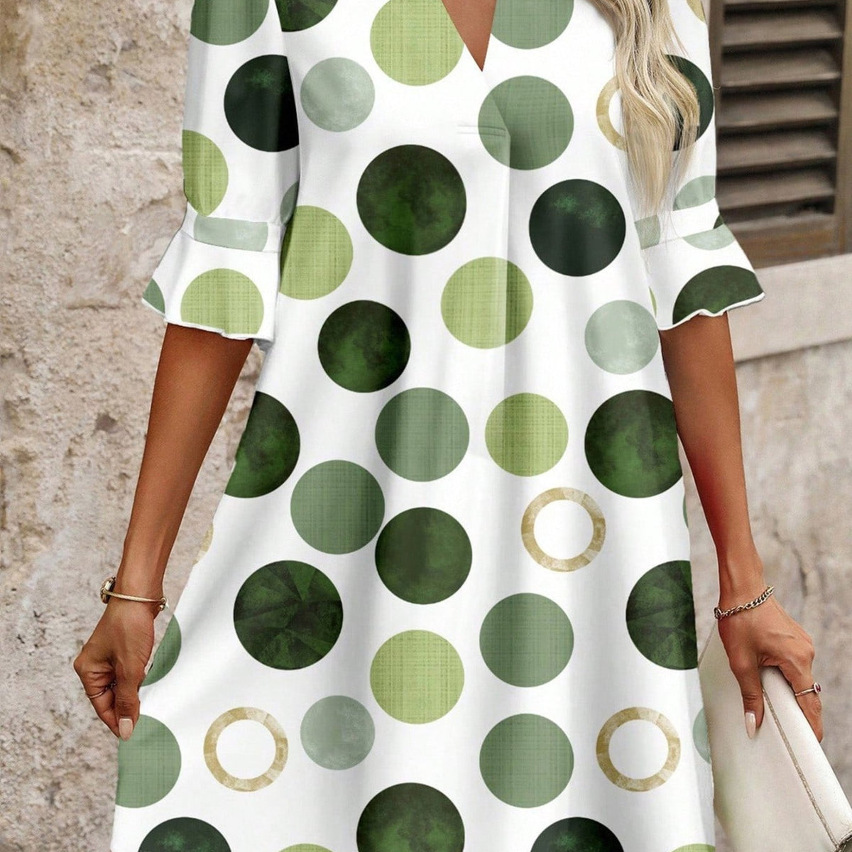 Women's Casual Green Polka Dot Mini Dress with Flounced Half – MsDressly