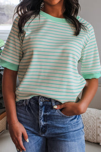 Women's Casual Green Stripe Colorblock Tee - Short Sleeve, Round Neck, Comfortable Fit for Everyday Wear