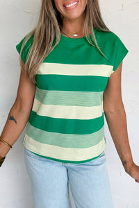 Women's Casual Green Stripe Mixed Print Cap Sleeve T-Shirt - Trendy Everyday Top for Effortless Style