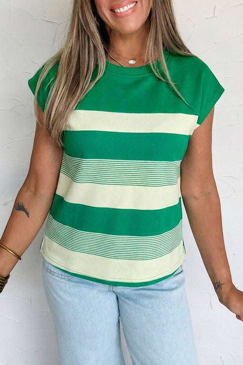 Women's Casual Green Stripe Mixed Print Cap Sleeve T-Shirt - Trendy Everyday Top for Effortless Style