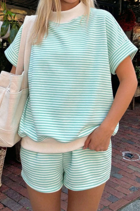 Women's Casual Green Stripe Mock Neck Tee and Cuffed Sleeve Shorts Set - Stylish 2-Piece Outfit for Summer